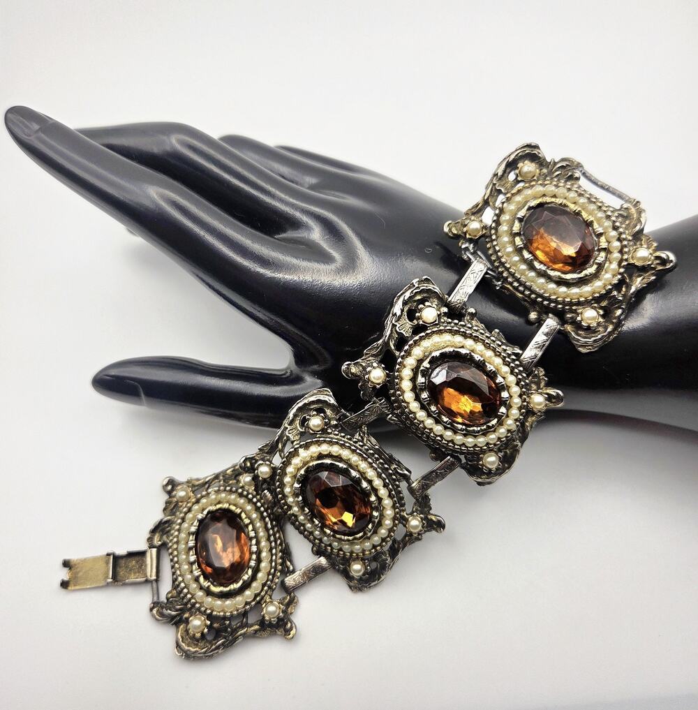 Panel Bracelet Amber Yellow Topaz Glass Foil Stones Faux Pearls Heavy Wide VTG